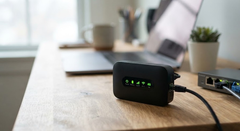 Мобильный 4G-роутер с индикаторами на рабочем столе рядом с сетевыми кабелями