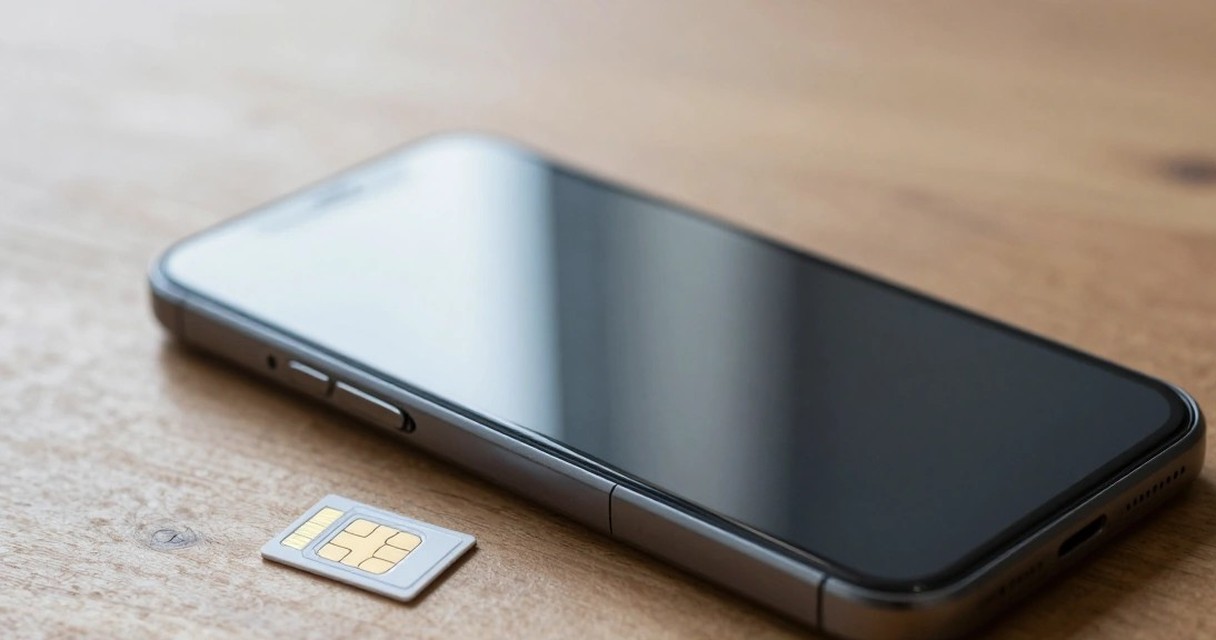 Смартфон и SIM-карта на деревянном столе