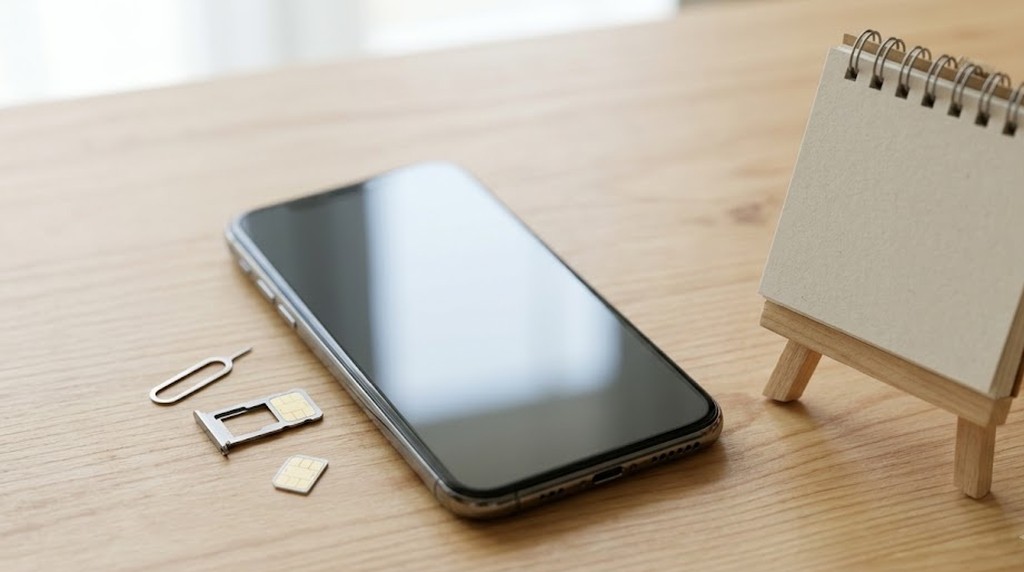 Смартфон и SIM-карта на рабочем столе рядом с календарём