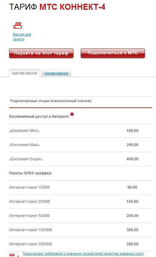 Тариф «мтс коннект 4» (интернет-mini, maxi, vip)