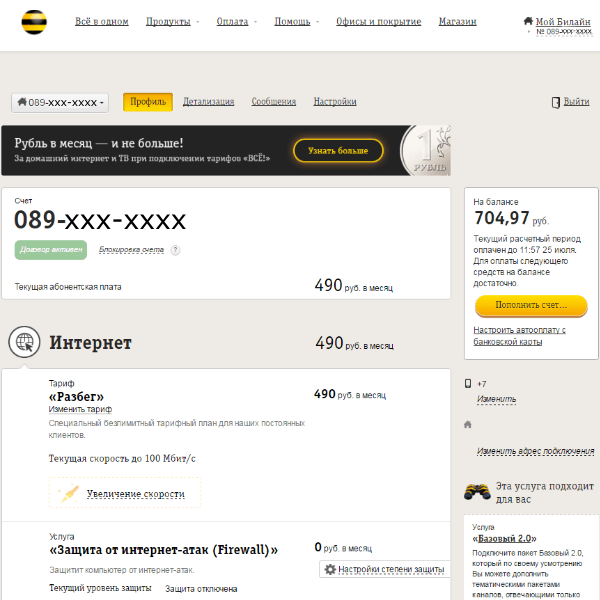 Как узнать сколько денег на домашнем интернете билайн а калуге